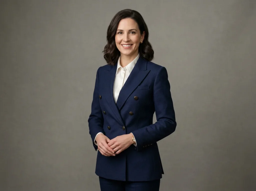 Classic navy power suit as essential interview outfits for women.