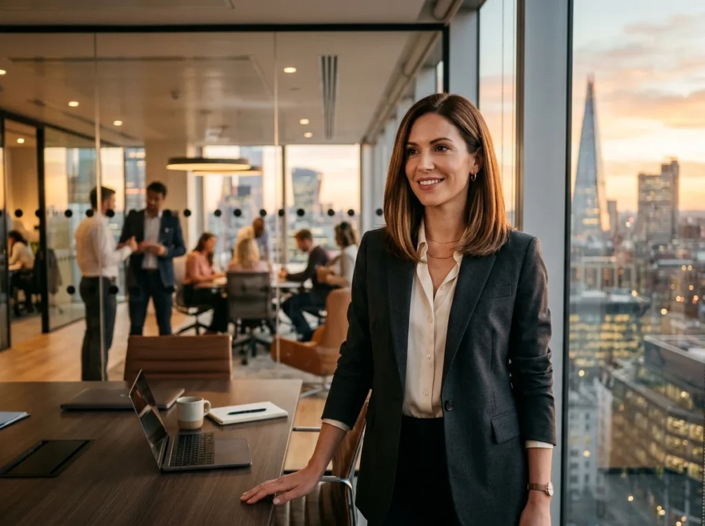 An elegant woman showcasing a sophisticated lob haircut, also known as a long bob, ideal for professional settings and corporate environments. This low-maintenance style is one of the top haircuts for career-oriented women in 2026.