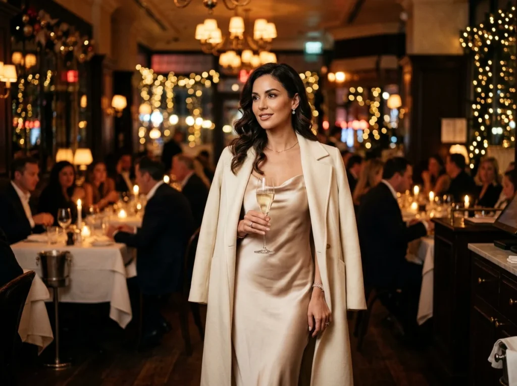 Elegant satin slip dress and tailored coat for evening old money look.