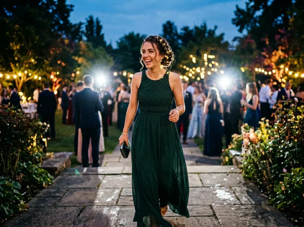 A happy girl showing off an intricate braided prom updo with glowing fairy lights at a twilight prom.