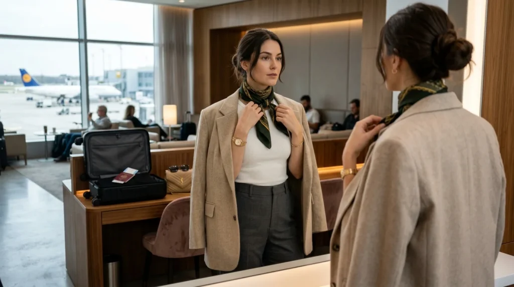 "Step-by-step airport travel outfit layering with fitted base, oversized outerwear and accessories for a polished transit style"