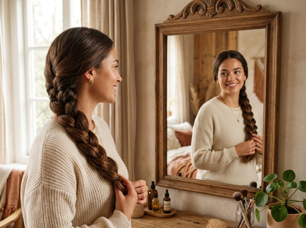 A smiling woman looking in the mirror at her healthy hair protected by hair growth secrets styling.