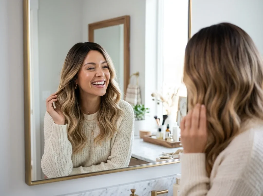 Woman feeling confident wearing professional ombre wigs for a natural look.