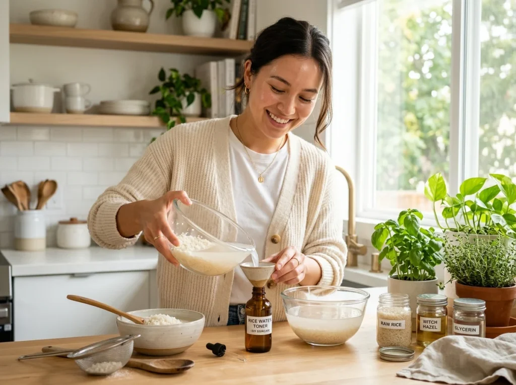 Girl making homemade rice toner in a modern kitchen.