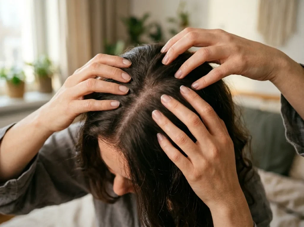 Practicing scalp massage as part of hair growth secrets. Desc: Manual scalp stimulation for blood flow.