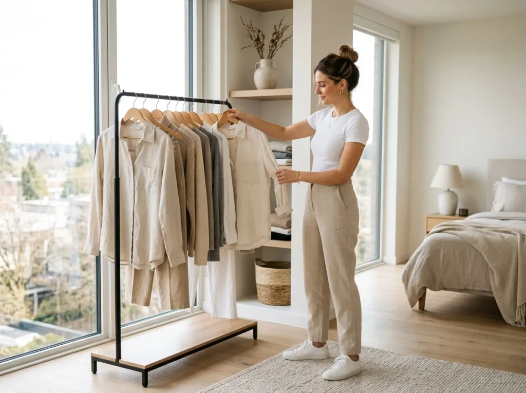 Woman styling timeless casual outfits with high-quality wardrobe basics in a modern minimalist bedroom