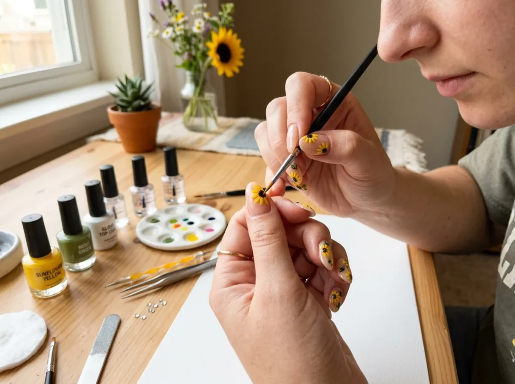 Woman creating sunflower nail art at home with nail tools and detailed summer manicure setup.