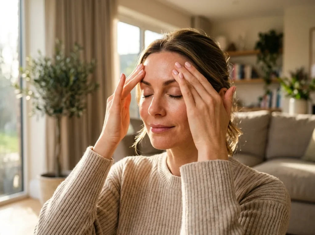 Woman gently using her hands to smooth forehead wrinkles while practicing face yoga.
