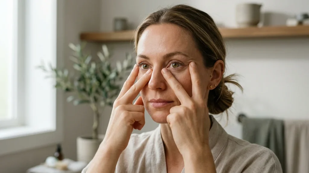 Woman performing V-shaped eye exercise for face yoga.