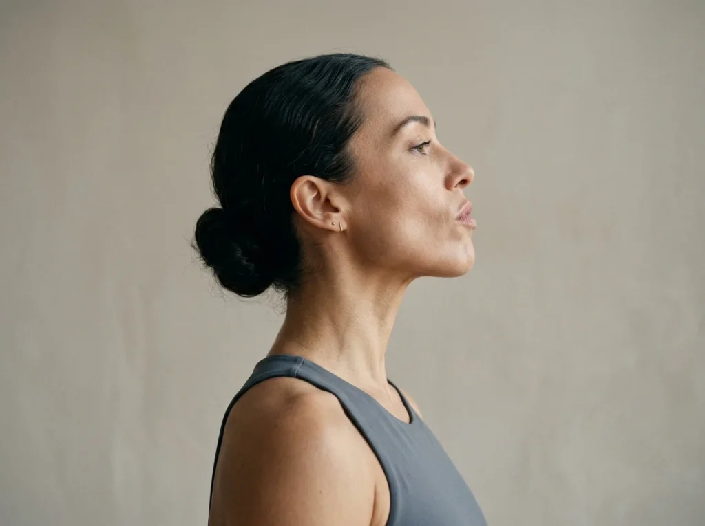 Side view of a woman performing jawline face yoga exercises for natural skin tightening.