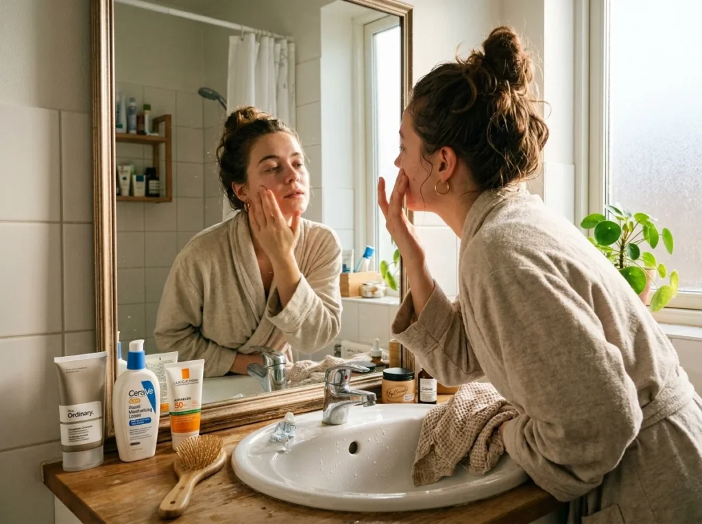 A natural lifestyle skincare image showing a woman maintaining a balanced vegan morning and evening skincare routine with gentle cleansing, hydration, and nighttime repair products in a realistic home setting.