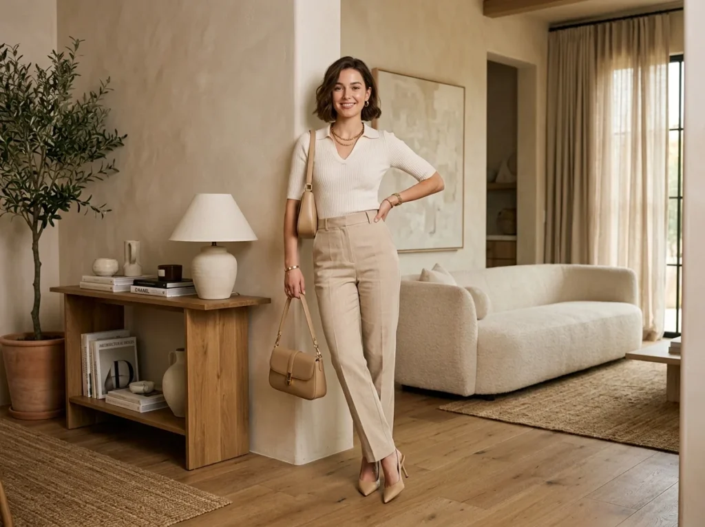 Elegant woman wearing luxurious neutral casual outfits with smart color combinations