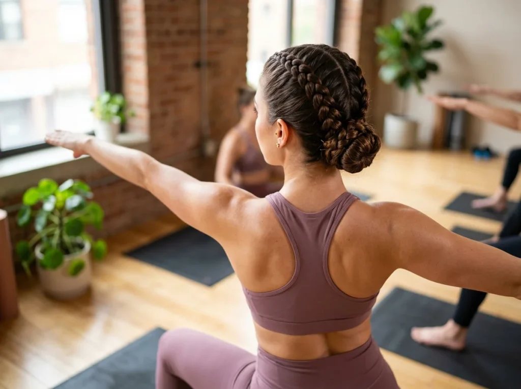Triple braided bun sporty hair style for yoga and pilates workouts with a secure elegant braided look.