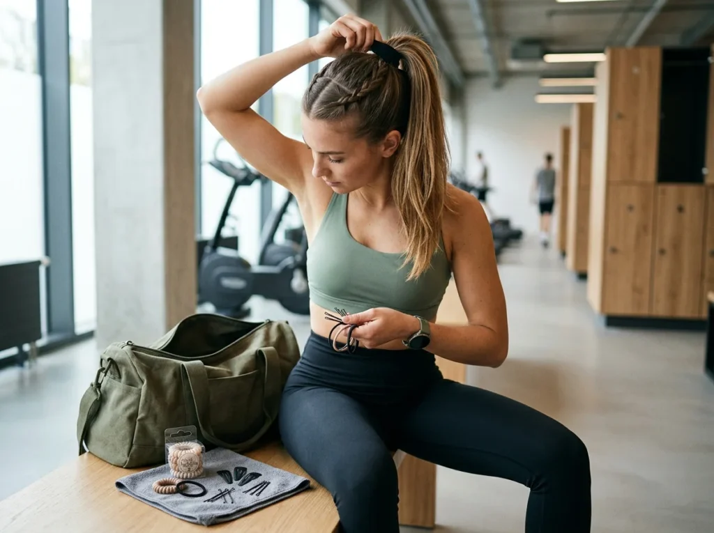 Sporty hair styles with seamless hair ties and bobby pins for secure gym hairstyles.