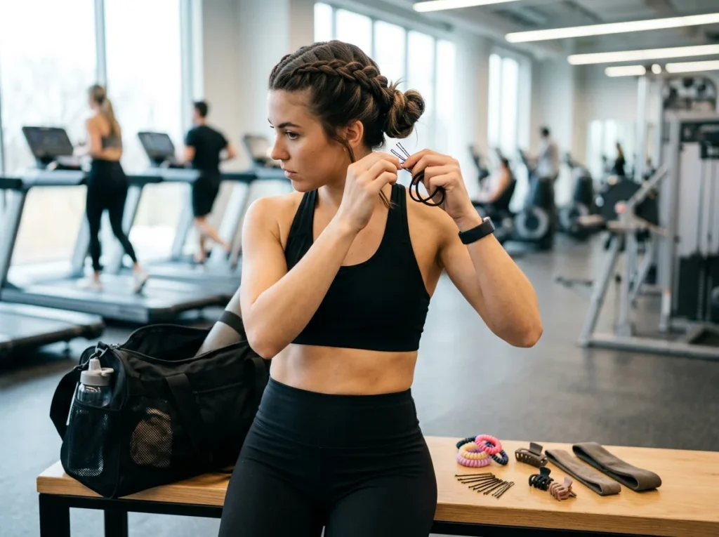 Short sporty hair styles with side twists and bobby pin technique for active workouts.