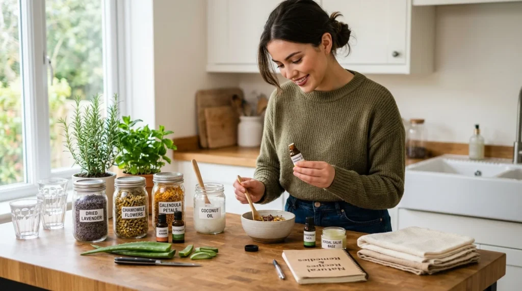 Young woman safely using natural home remedies for comfort and skincare in a clean home environment.