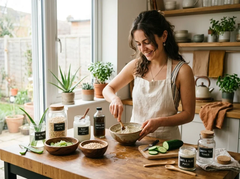 Woman following a morning and night vegan skin care routine naturally
