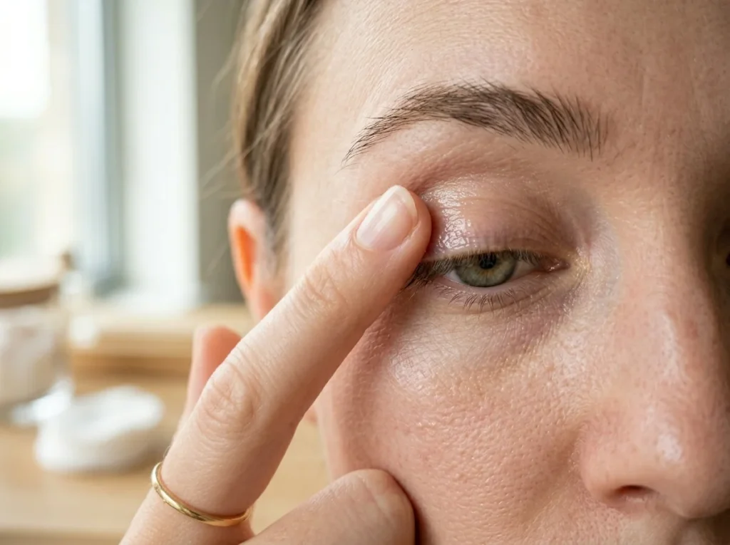 Realistic close-up photo showing the application of eye primer as part of essential eye makeup techniques