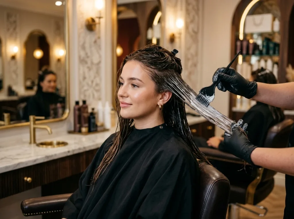 A high-quality, realistic image showing the step-by-step application of a hair protein treatment in a professional salon setting