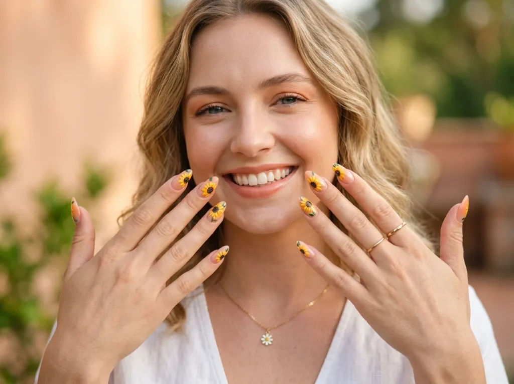 Smiling woman showing sunflower nail designs with a soft peach background and glossy summer manicure.