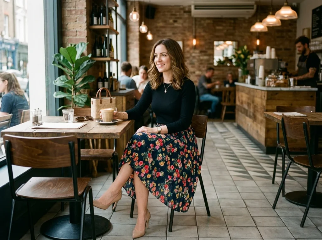 A fashionable woman mixing bold prints with simple solid pieces to create polished and trendy casual outfits.