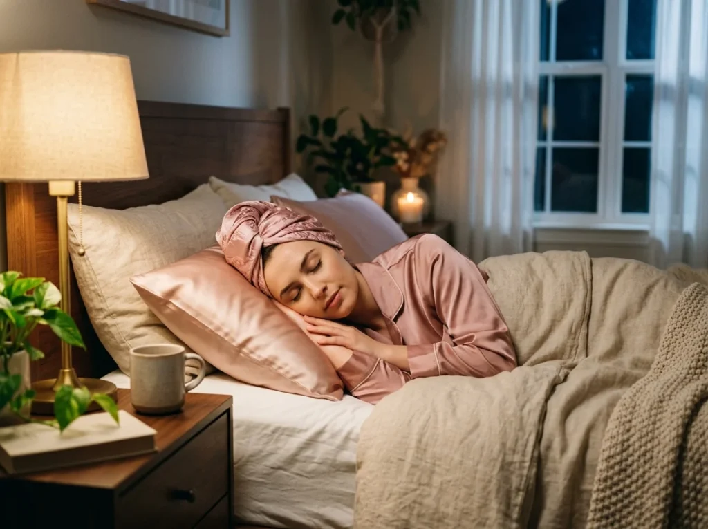 A girl sleeps comfortably with her heatless silk curls protected under a soft silk scarf and satin pillowcase to maintain smooth, frizz-free overnight styling.