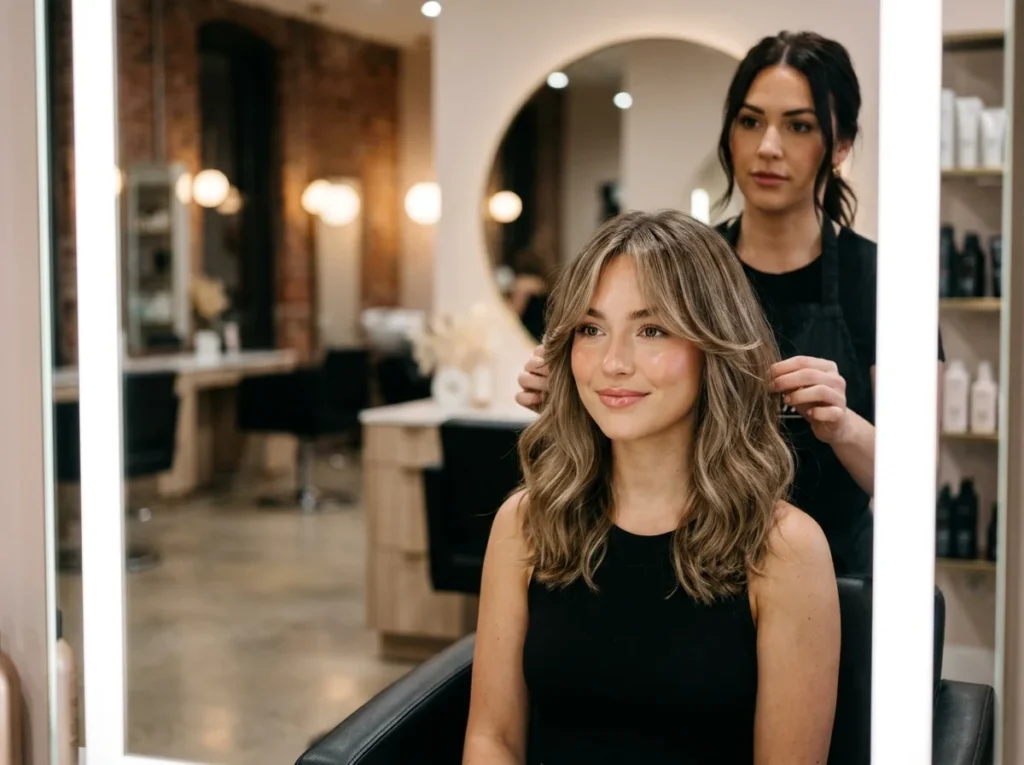 Bouncy hair blowout technique for styling flawless curtain bangs perfectly.