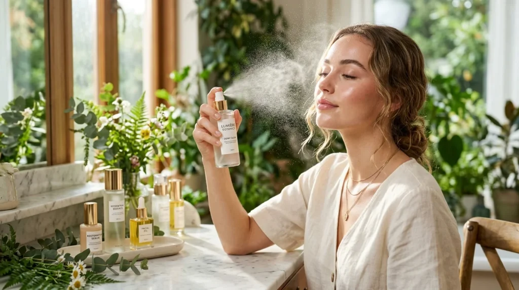 Misting a hydrating setting spray to secure a glowing clean girl makeup finish.