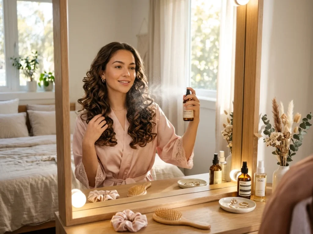 Using a wide-tooth wooden comb to brush and style voluminous Heatless Silk Curls.