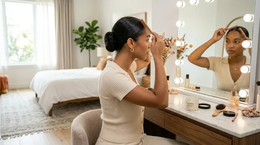Woman creating Slicked Back Hairstyles at home with simple styling techniques