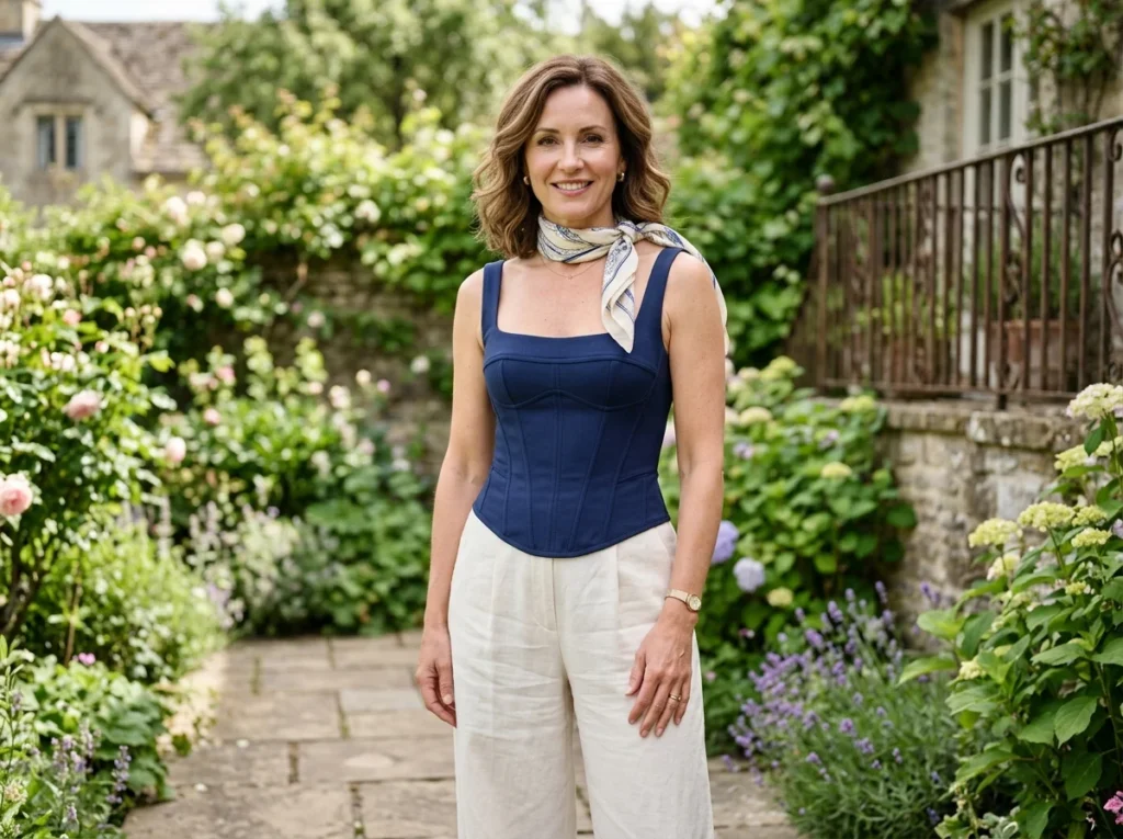 Mature woman wearing a supportive navy corset top and cream trousers for a timeless look.