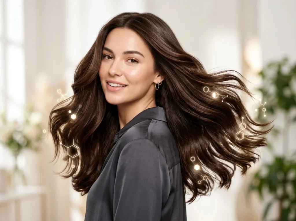 Visible benefits of protein hair treatment including shine, strength, and frizz control.