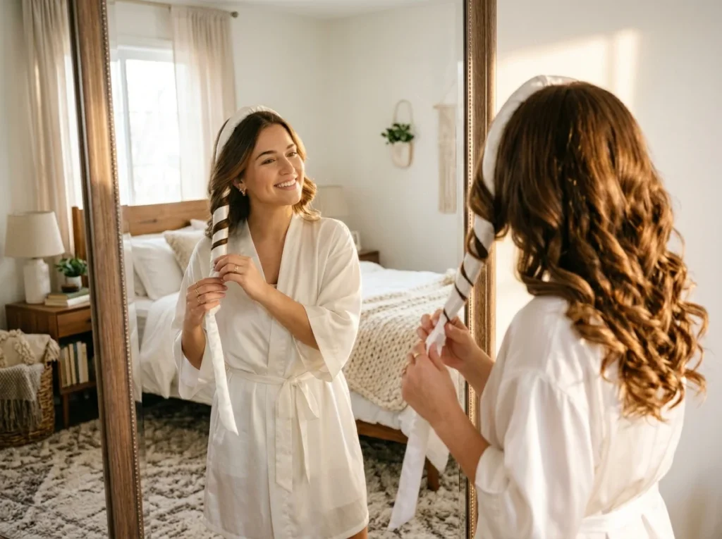 A stylish girl reveals her flawless overnight heatless silk curls while standing at a mirror, with one side already curled and the other side being carefully unwrapped from the satin ribbon.