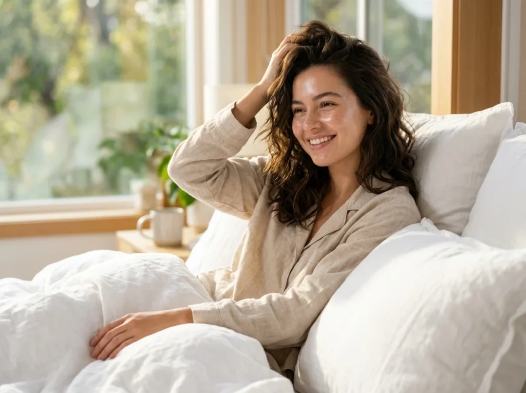 A radiant young woman waking up in the morning with perfectly hydrated, clear, and glowing glass skin after a successful slugging skincare routine.