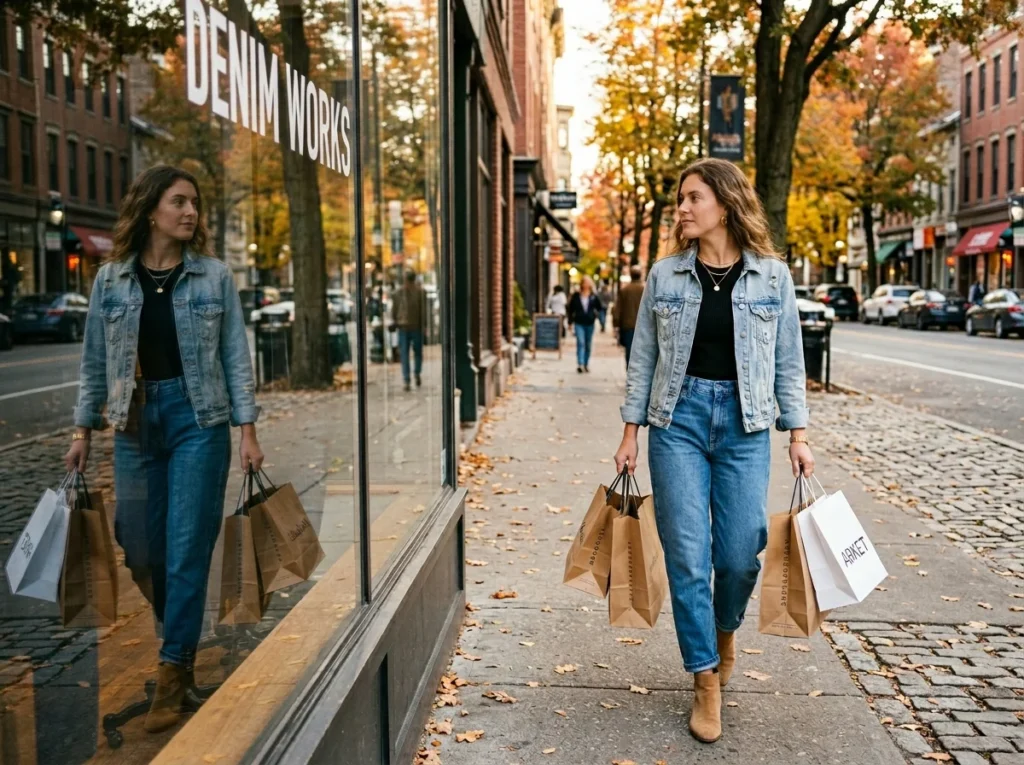 Fashionable woman exploring seasonal denim trends for stylish casual outfits during autumn