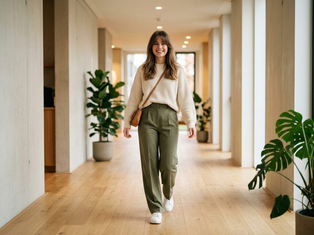 A confident smiling woman showing her flawless curtain bangs in a modern minimalist setting.