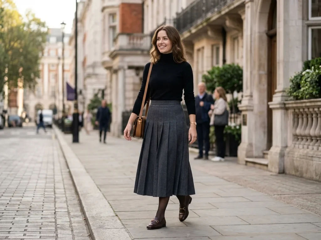 Woman wearing a black turtleneck and pleated skirt in old money style.