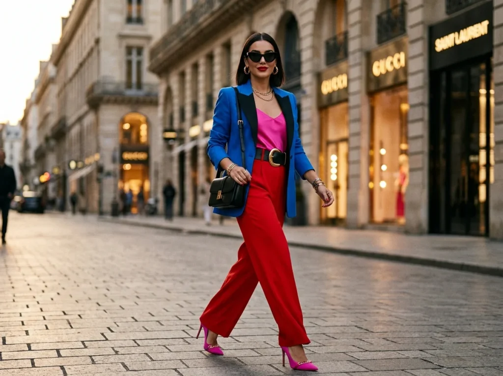 Woman wearing bold colorful breakout outfit with vibrant western fashion style.