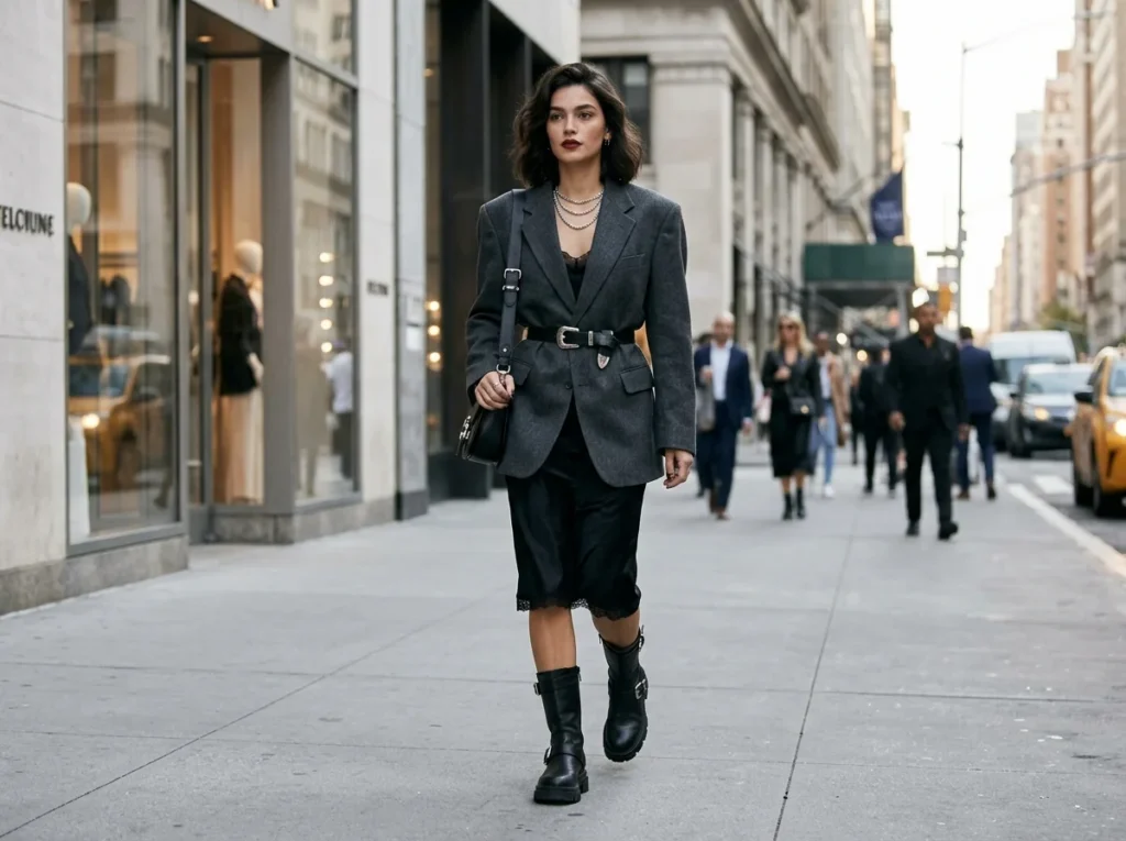 Mixing silk and leather textures in breakout outfits for depth.