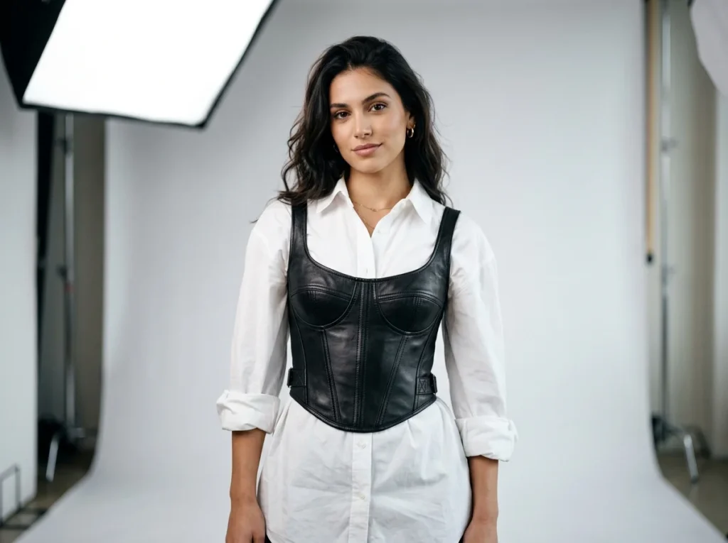 Black leather corset top layered over a white button-down shirt.