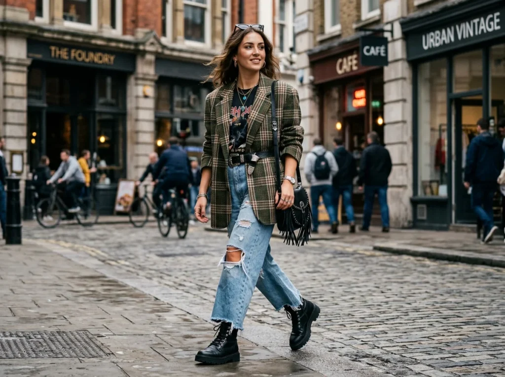 Woman in trendy street-style breakout outfit with oversized blazer and ripped jeans.