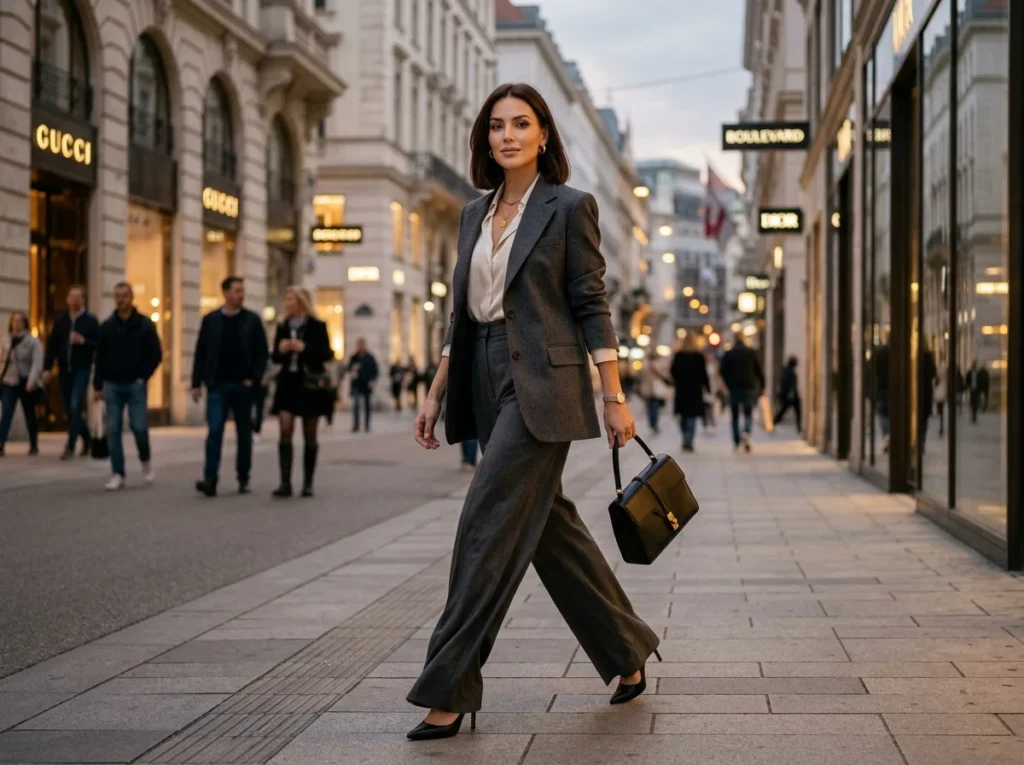 Confident woman in stylish breakout outfit with bold body language pose.