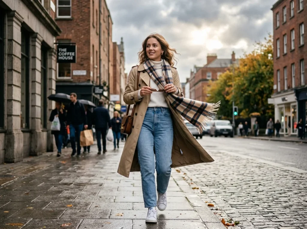 A fashionable young woman standing outdoors in changing weather, layering a beige trench coat over a white turtleneck and light blue jeans, holding sunglasses while a soft scarf moves in the wind, cloudy sky with slight sunlight breaking through, realistic street style photography, modern urban background, stylish layered casual fashion, cozy and practical aesthetic
