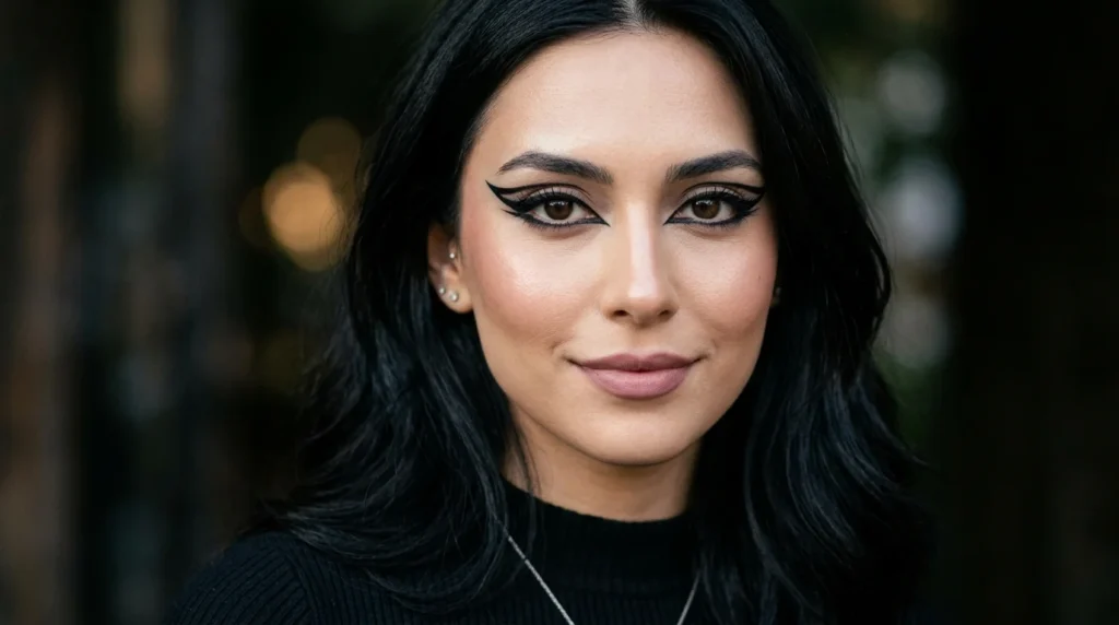 A trendy gothic makeup style featuring bold double winged eyeliner on a beautiful young woman with a soft glam aesthetic.