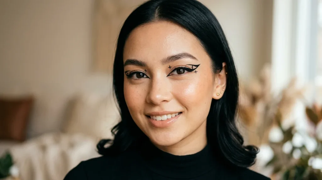 A modern gothic beauty look combining minimalist eyeliner details with dramatic gothic liner styling for a classy aesthetic appearance.