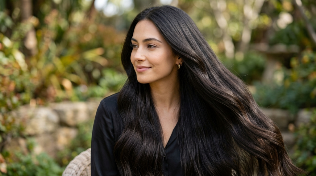 Long shiny hair achieved with rice water