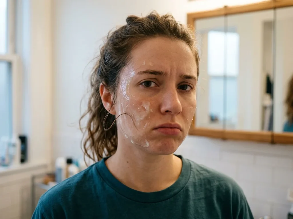 A close-up portrait visually showing the mess and frustration of applying too much product in a slugging skincare routine.