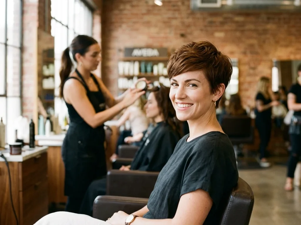 Confident woman debuts a powerful, low-maintenance pixie cut haircut with tapered sides and textured layers, styled in a professional modern hair salon for 2026.