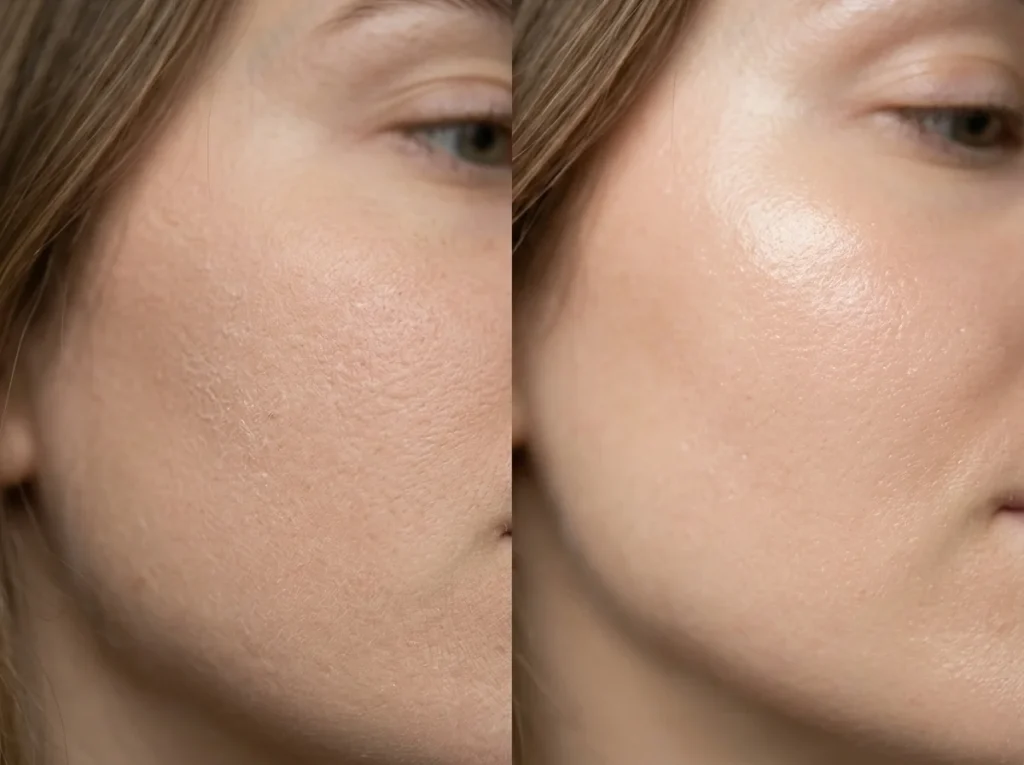 A side-by-side close-up showing skin transformation and smoothness achieved through a consistent dry skin care routine.