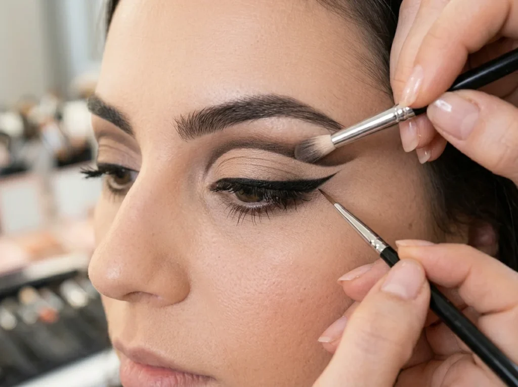 A precise close-up salon photo capturing a stylist hand meticulously carving a crisp cut crease line with a flat brush on a client's eye, illustrating advanced eye makeup techniques